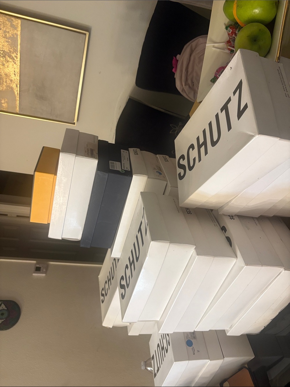SCHUTZ White Stackable Shoe Boxes with Navy and Mustard Accent for live